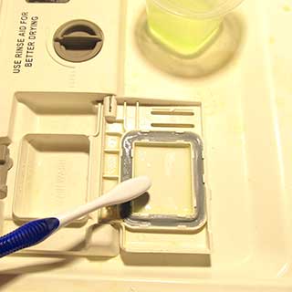 brushing residue off the gasket of a dishwasher detergent dispenser door with a toothbrush and CLR