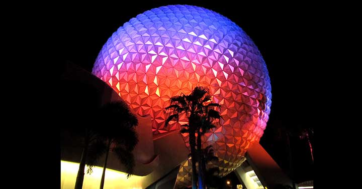 Disney Epcot geodesic dome sphere at night