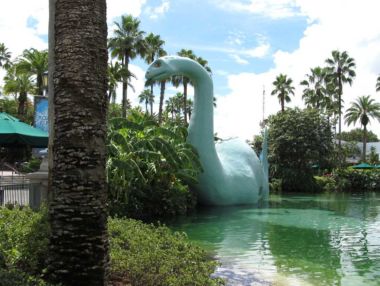 life-size dinosaur model in Echo Lake at Disney Hollywood Studios