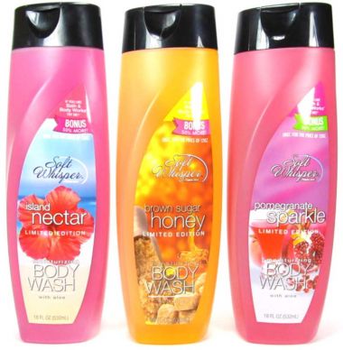 Soft Whisper Body wash in Island Nectar, Brown Sugar and Honey, and Pomegranate Sparkle scents